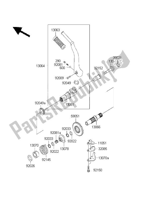 All parts for the Kickstarter Mechanism of the Kawasaki W 650 1999