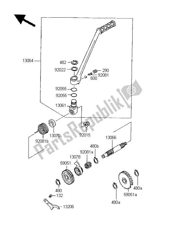 All parts for the Kickstarter Mechanism of the Kawasaki KMX 125 SW 1995