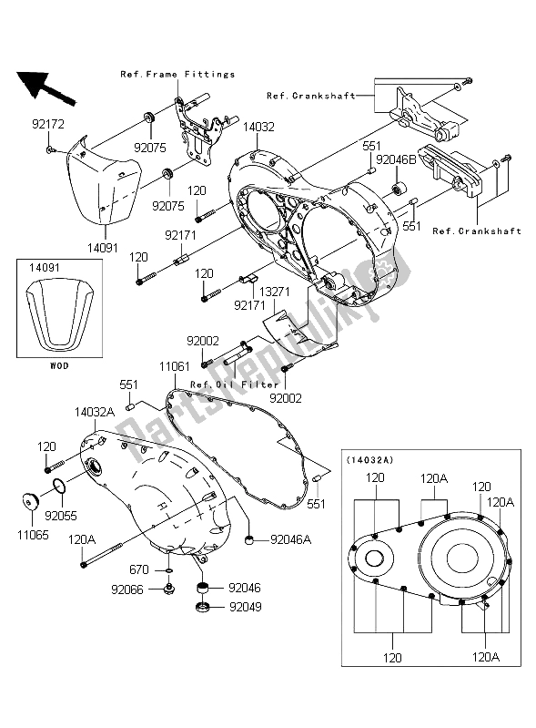 All parts for the Left Engine Cover of the Kawasaki VN 2000 2004