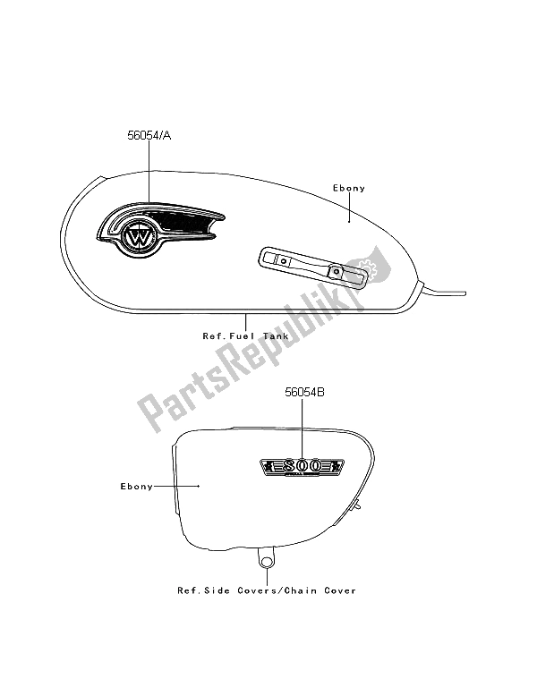 All parts for the Decals (main Body Color: Ebony (h8) of the Kawasaki W 800 2012