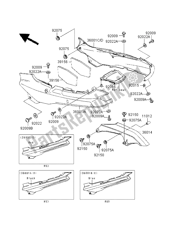 Alle onderdelen voor de Zijafdekkingen En Kettingafdekking van de Kawasaki GPZ 1100 1998