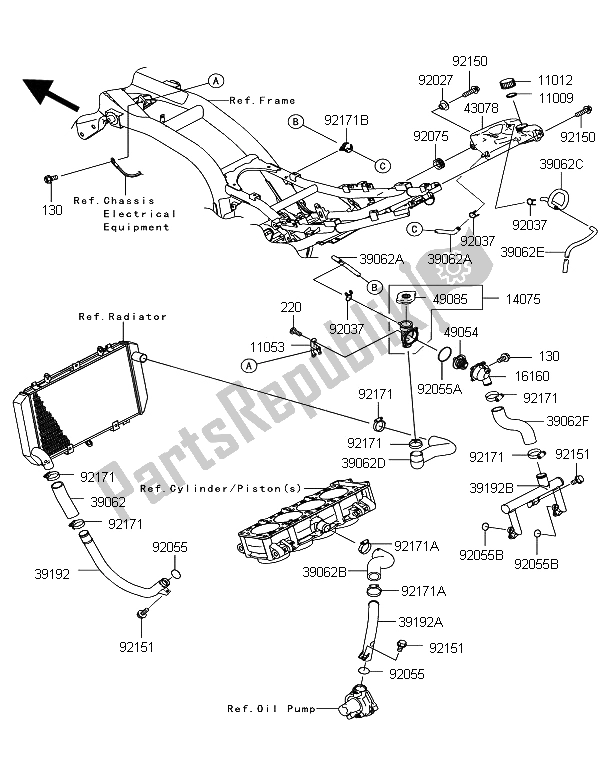 All parts for the Water Pipe of the Kawasaki Z 750 2012