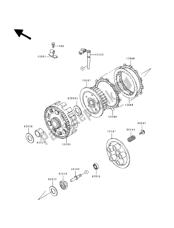 All parts for the Clutch of the Kawasaki Tengai 650 1990