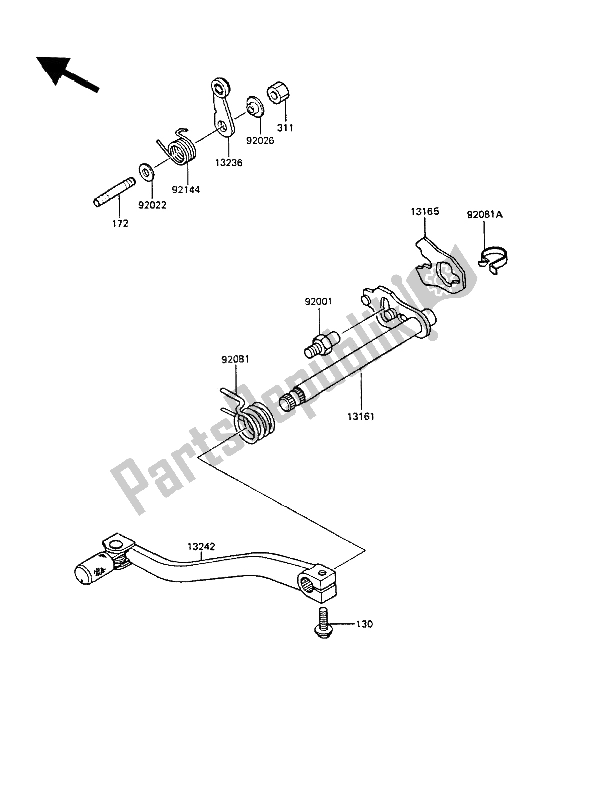 All parts for the Gear Change Mechanism of the Kawasaki KMX 125 1986