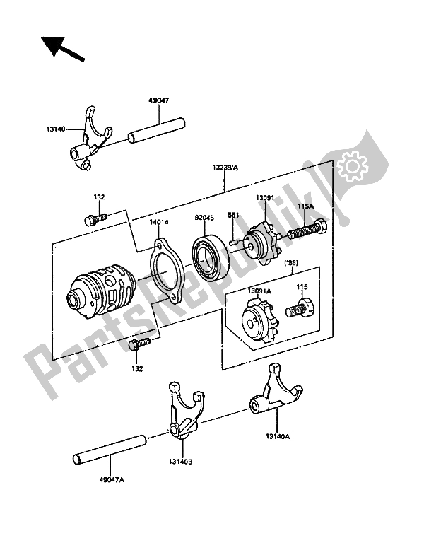 All parts for the Gear Change Drum & Shift Fork(s) of the Kawasaki KDX 200 1988