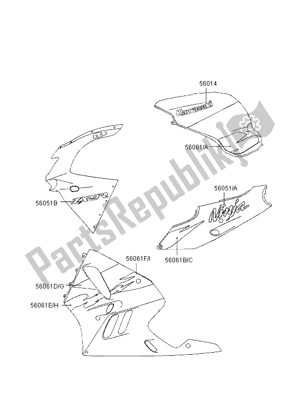 All parts for the Decals (green-white) of the Kawasaki Ninja ZX 9R 900 1997