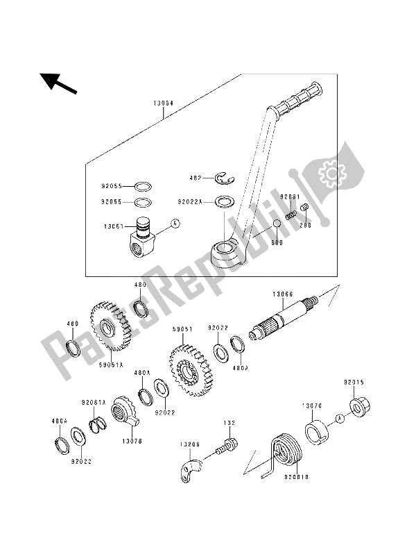 All parts for the Kickstarter Mechanism of the Kawasaki KDX 125 1991