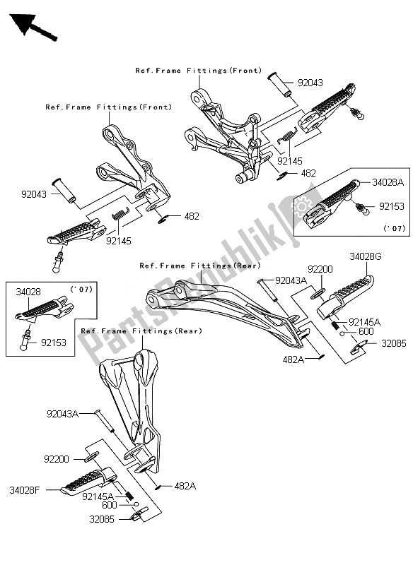 All parts for the Footrests of the Kawasaki Ninja ZX 6R 600 2007