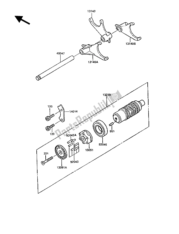 All parts for the Gear Change Drum & Shift Fork(s) of the Kawasaki GPZ 900R 1986