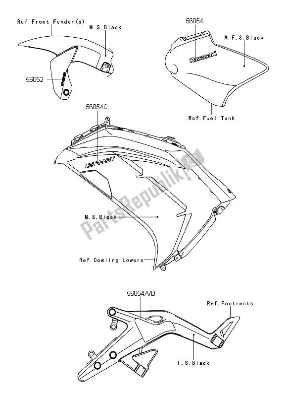 Alle onderdelen voor de Stickers (zwart) van de Kawasaki ER 6F ABS 650 2012