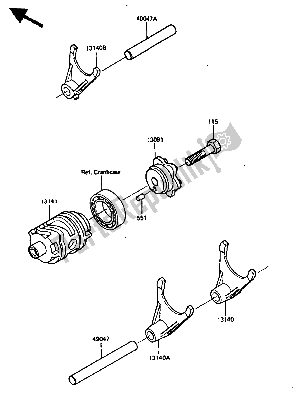 All parts for the Change Drum & Shift Fork of the Kawasaki KX 250 1986