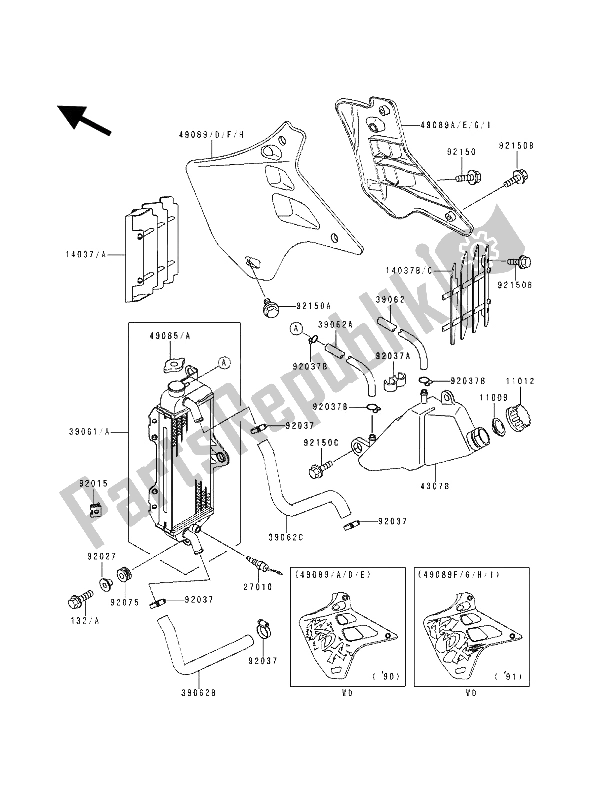 Alle onderdelen voor de Radiator van de Kawasaki KDX 125 1991