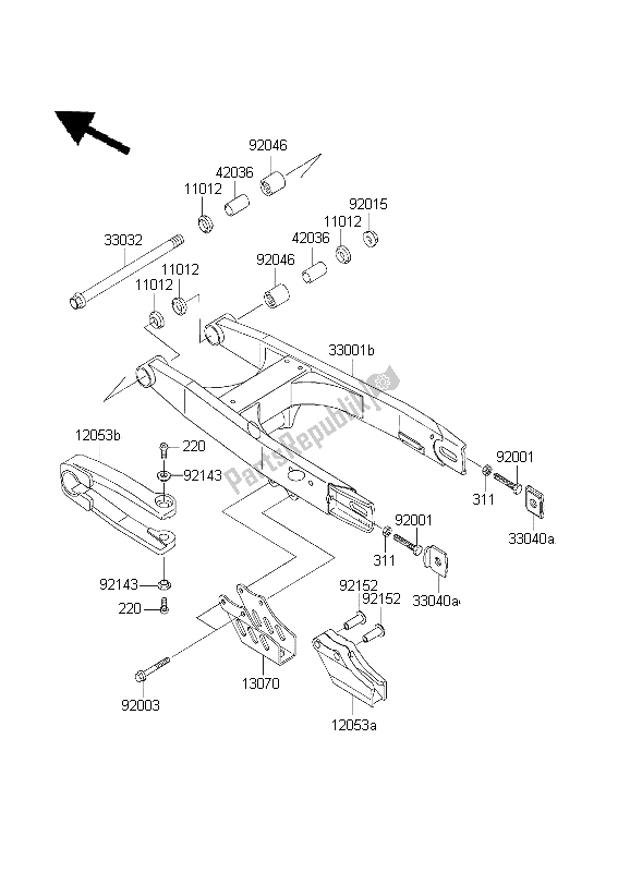 All parts for the Swingarm of the Kawasaki KX 65 2003