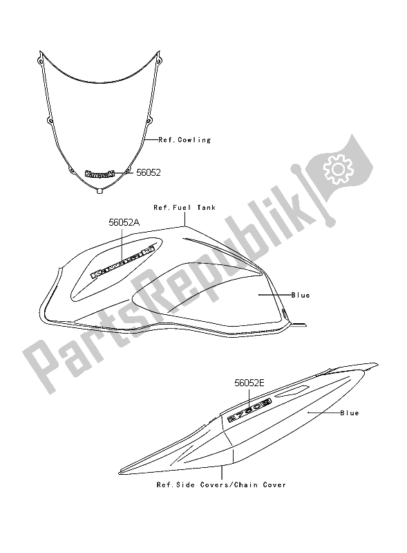 Alle onderdelen voor de Stickers (blauw) van de Kawasaki Z 750S 2006