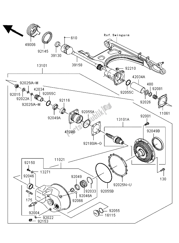 Alle onderdelen voor de Aandrijfas En Eindoverbrenging van de Kawasaki VN 1500 Mean Streak 2003