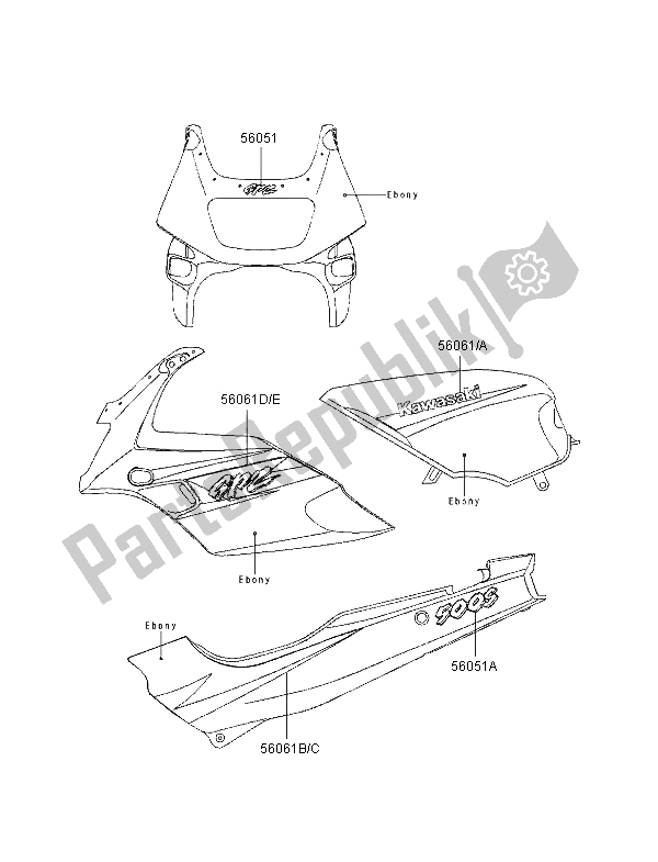 All parts for the Decals (ebony) of the Kawasaki GPZ 500S UK 1996