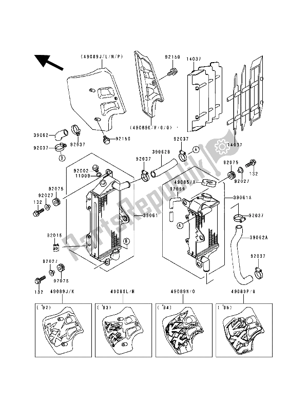 Todas as partes de Radiador do Kawasaki KX 500 1992