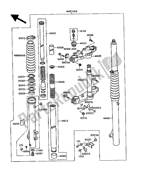 Alle onderdelen voor de Voorvork van de Kawasaki KLR 650 1989