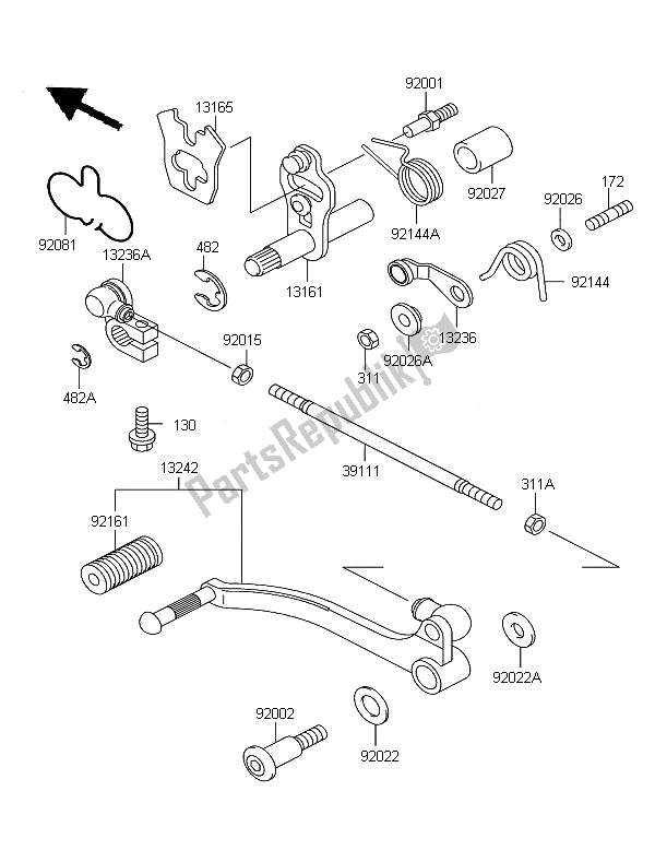 All parts for the Gear Change Mechanism of the Kawasaki KLE 500 2007