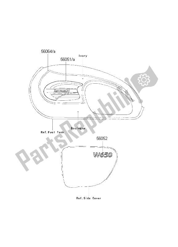 Todas as partes de Decalques (boulogne-marfim) do Kawasaki W 650 2001