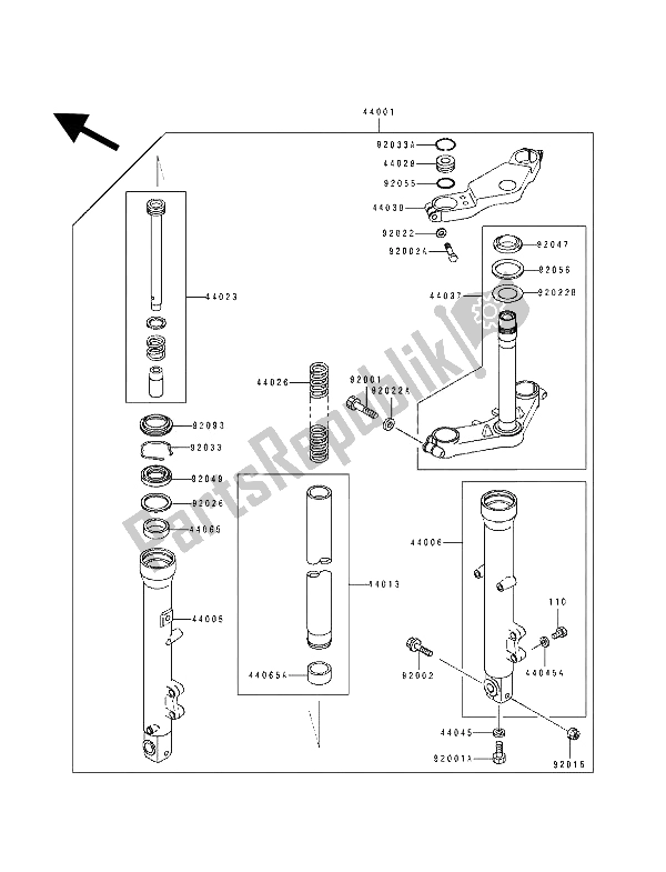 All parts for the Front Fork of the Kawasaki GPZ 500S 1993