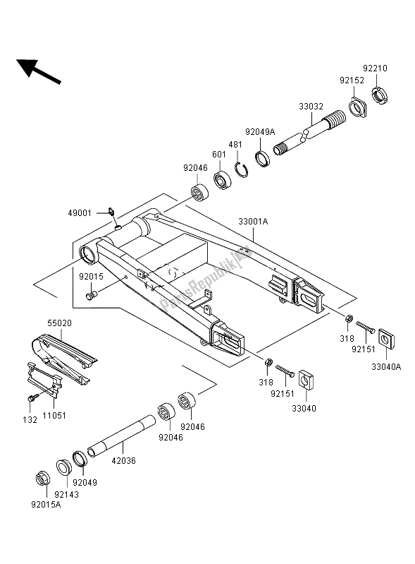 All parts for the Swingarm of the Kawasaki Ninja ZX 12R 1200 2002