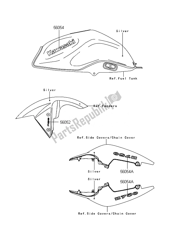 All parts for the Decals (silver) of the Kawasaki Z 750 ABS 2007