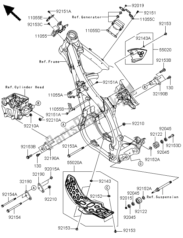 Alle onderdelen voor de Frame Hulpstukken van de Kawasaki KX 450F 2009