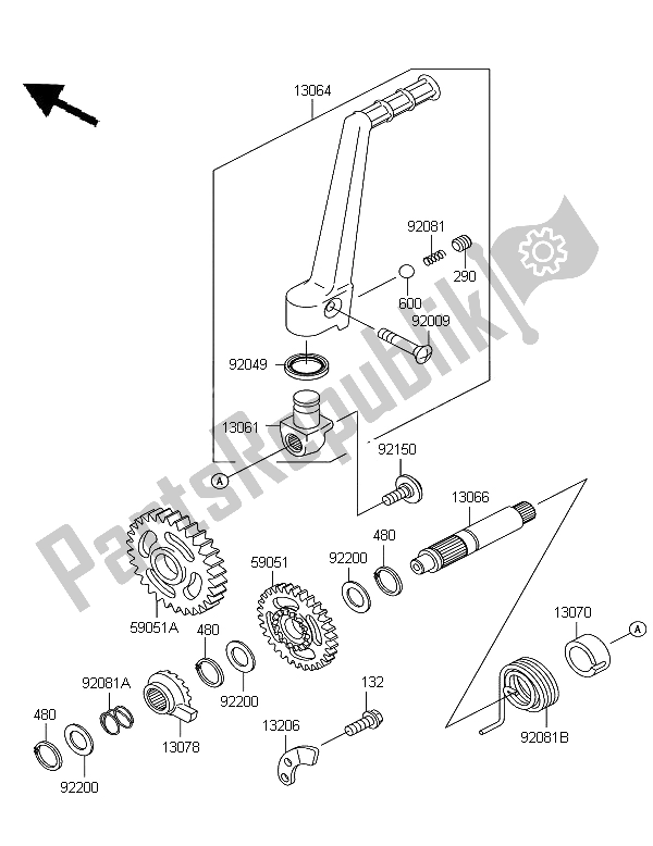 All parts for the Kick Starter Mechanism of the Kawasaki KX 125 2006