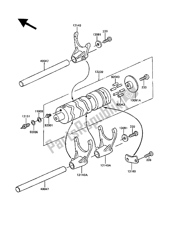 All parts for the Gear Change Drum & Shift Fork(s) of the Kawasaki GPZ 305 Belt Drive 1989