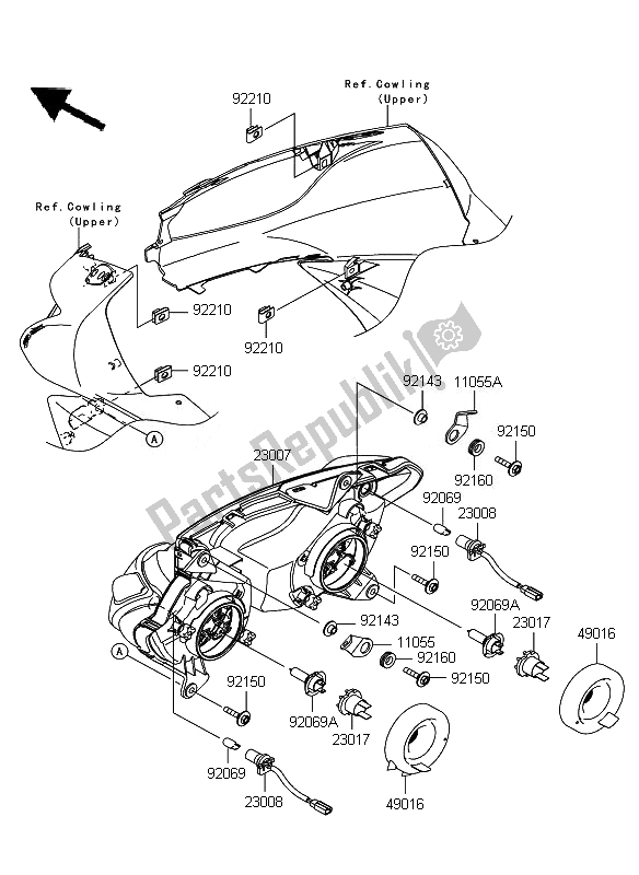 All parts for the Headlight of the Kawasaki ER 6F 650 2011