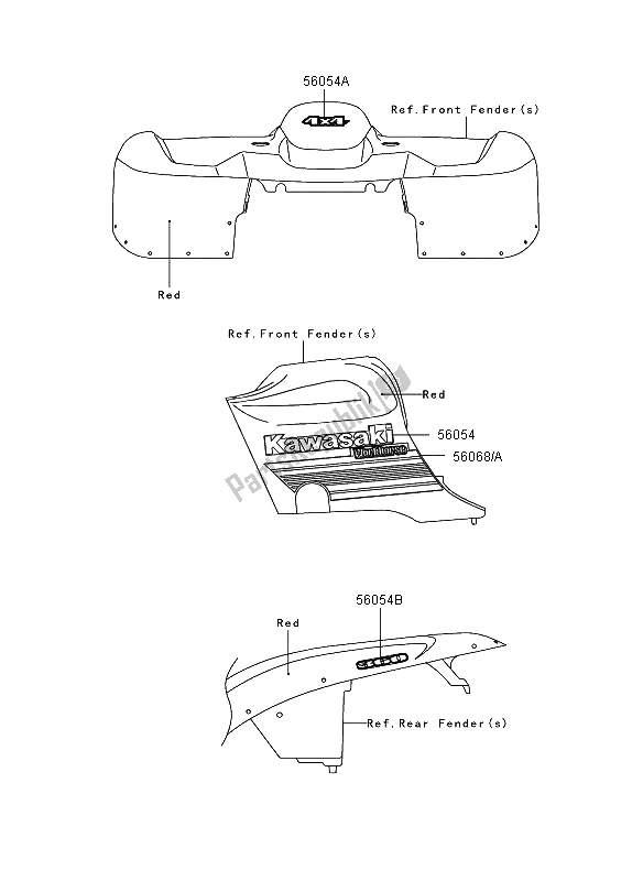 Tutte le parti per il Decalcomanie (rosse) (come) del Kawasaki KVF 360 4X4 2008