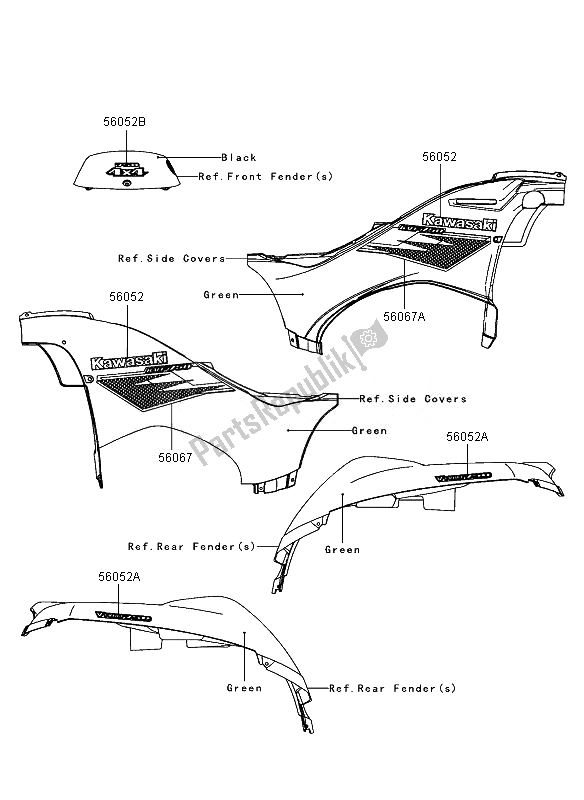 Tutte le parti per il Decalcomanie (verde) (eu, Uk) del Kawasaki KVF 750 4X4 2007