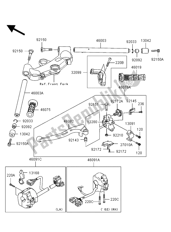 All parts for the Handlebar of the Kawasaki Ninja ZX 12R 1200 2002