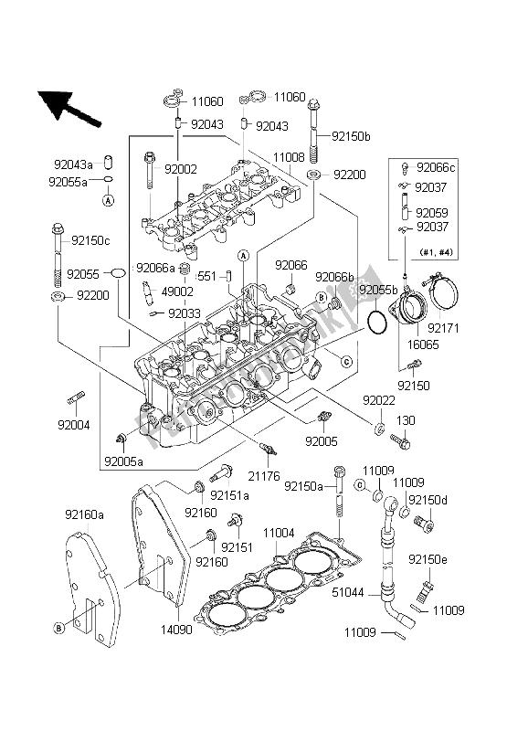 All parts for the Cylinder Head of the Kawasaki Ninja ZX 6R 600 2001