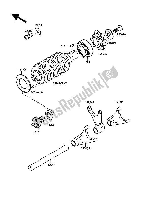 All parts for the Gear Change Drum & Shift Fork(s) of the Kawasaki KMX 125 1989