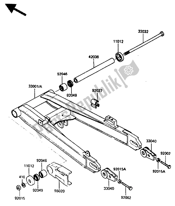 All parts for the Swing Arm of the Kawasaki GPZ 400A 1985