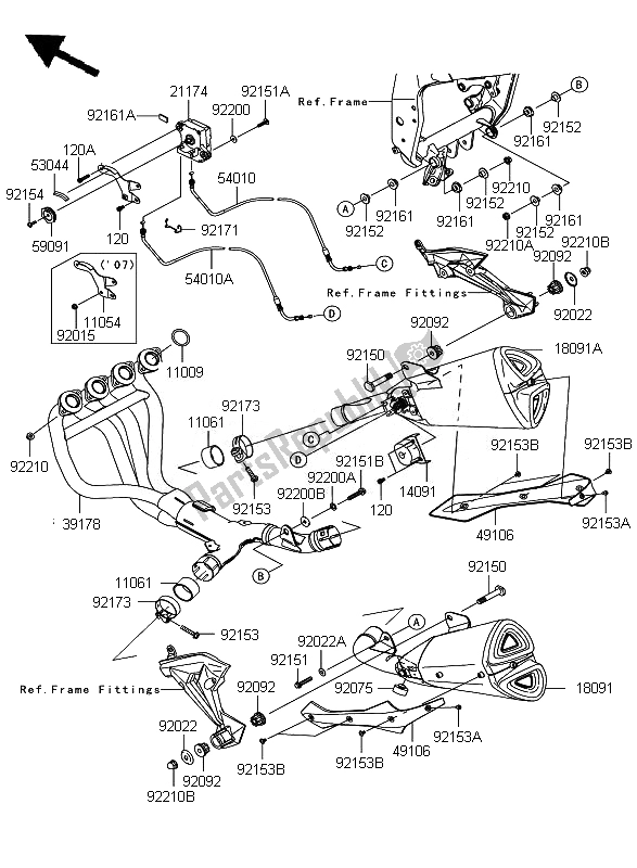 All parts for the Muffler of the Kawasaki Z 1000 2007