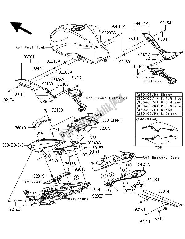 Alle onderdelen voor de Zijafdekkingen En Kettingafdekking van de Kawasaki Z 750 2011