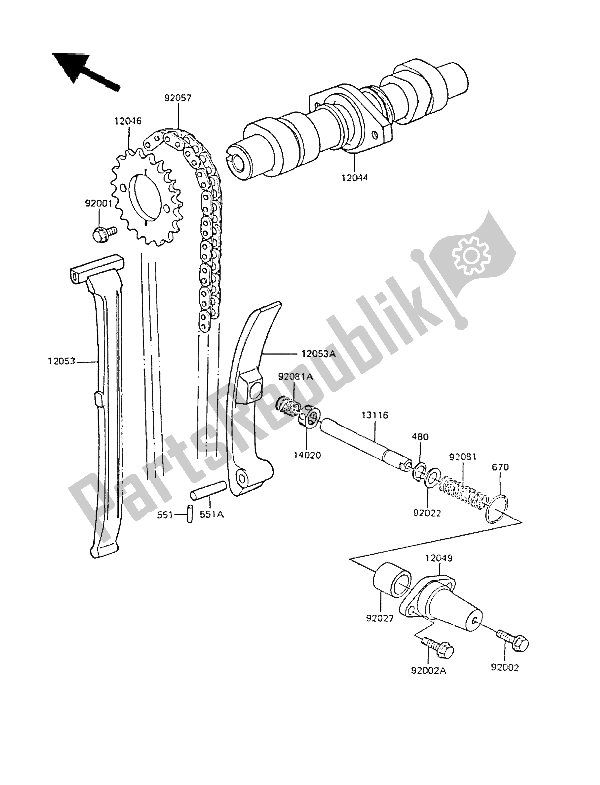 All parts for the Camshaft(s) & Tensioner of the Kawasaki GPZ 305 Belt Drive 1988