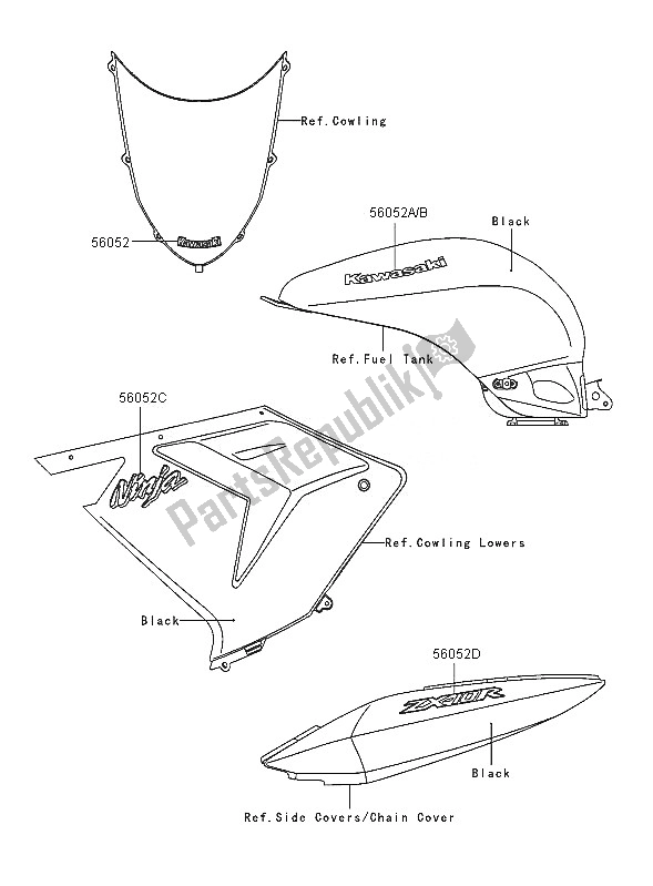 Tutte le parti per il Decalcomanie (nero) del Kawasaki Ninja ZX 10R 1000 2005