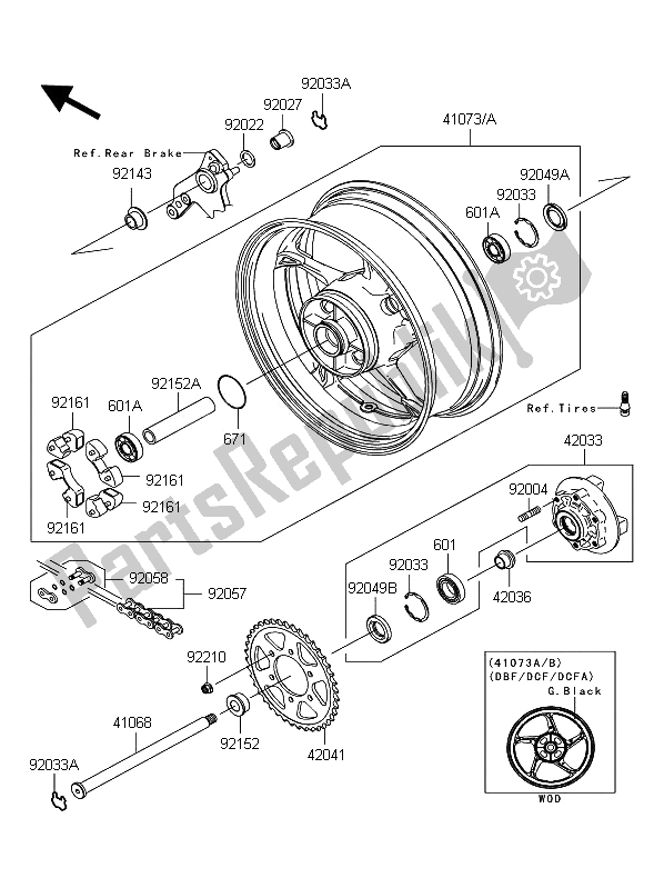 All parts for the Rear Hub of the Kawasaki Z 1000 2011