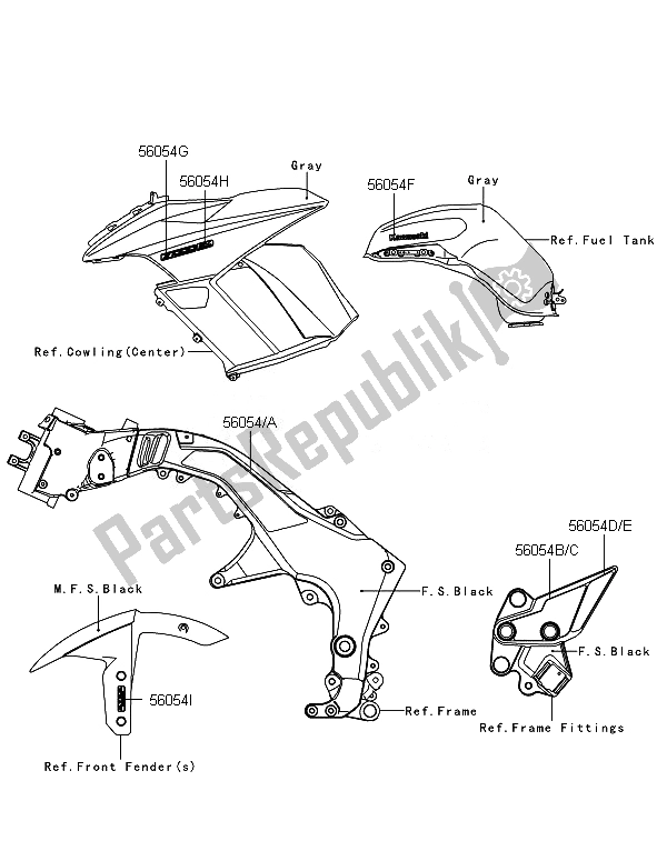 All parts for the Decals (gray) of the Kawasaki ZX 1000 SX ABS 2014