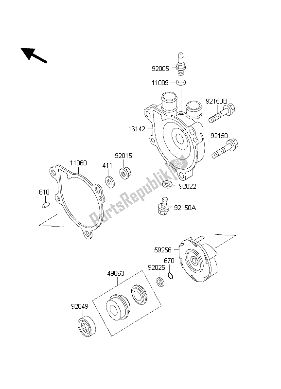 Alle onderdelen voor de Waterpomp van de Kawasaki KLR 650C 2004