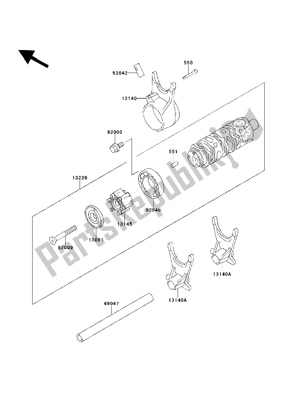 All parts for the Change Drum & Shift Fork of the Kawasaki EN 500 1993