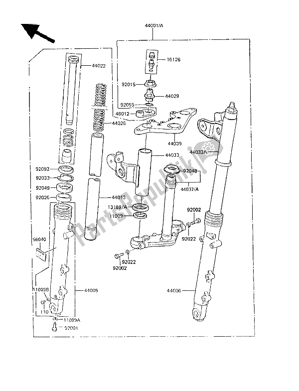 All parts for the Front Fork of the Kawasaki GPZ 305 Belt Drive 1987