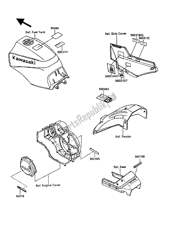 Todas las partes para Etiquetas de Kawasaki GPZ 900R 1987