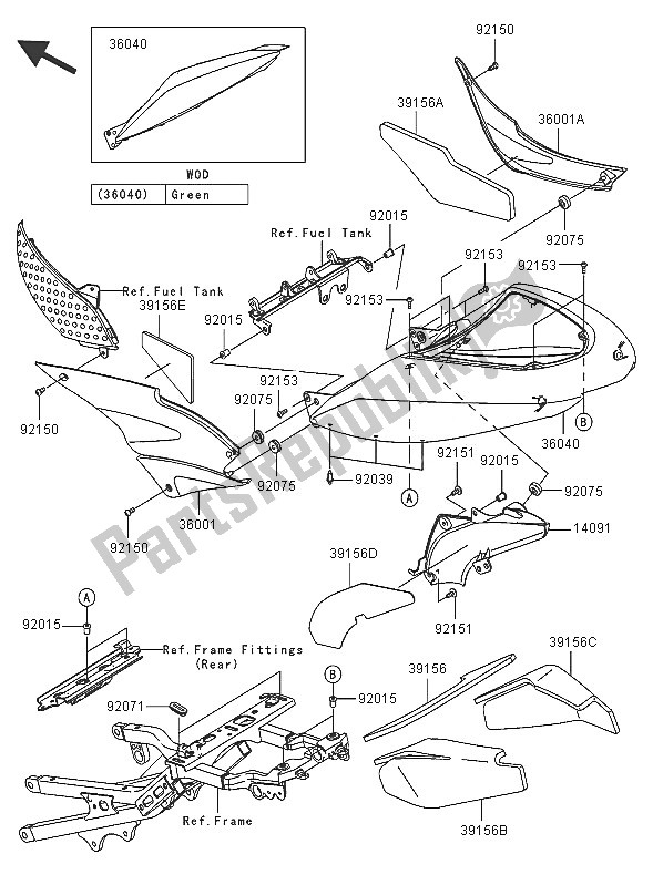 All parts for the Side Covers of the Kawasaki Ninja ZX 6 RR 600 2005