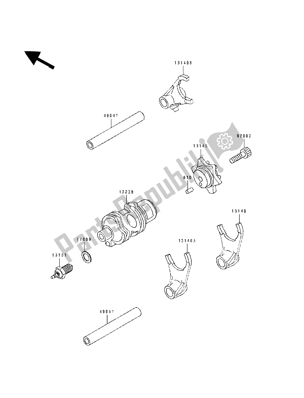 All parts for the Change Drum & Shift Fork of the Kawasaki Tengai 650 1991