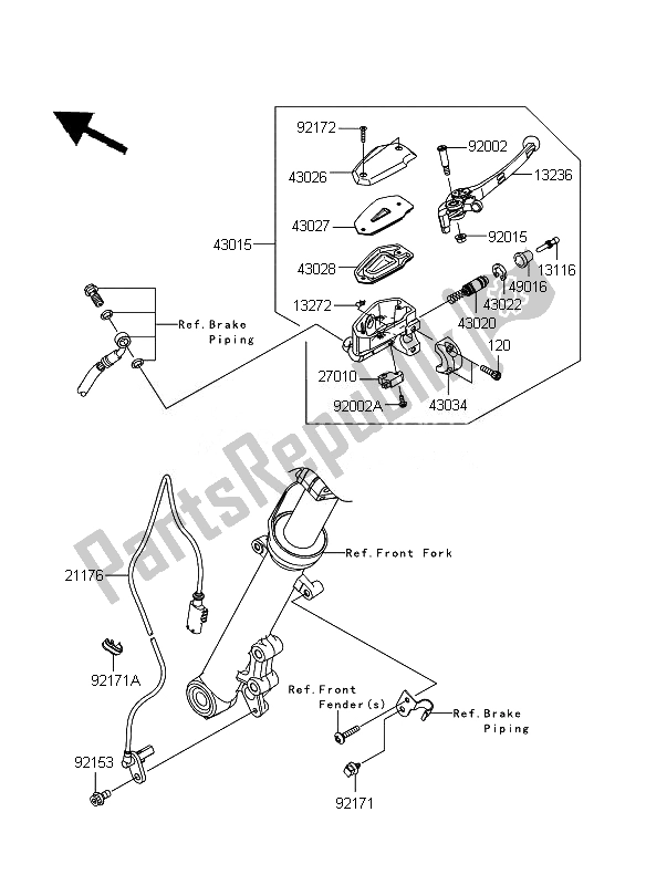 Alle onderdelen voor de Voorste Hoofdcilinder van de Kawasaki ER 6F ABS 650 2011